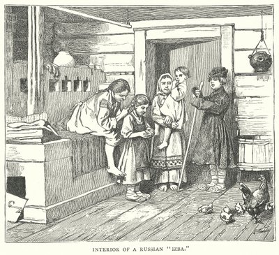 Interieur van een Russische "Izba" (gravure) door English School