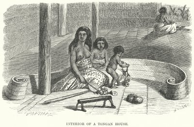 Interieur van een Tongaans huis (gravure) door English School