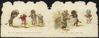 Binnenkant van een kaart met honden in circus kostuums door English School