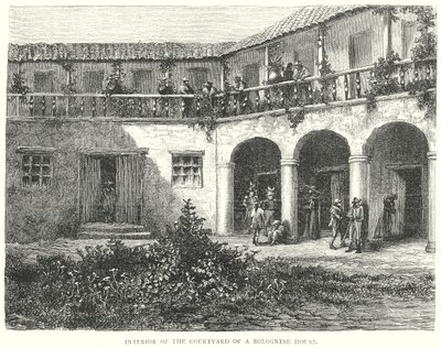 Interieur van de binnenplaats van een Bolognees huis (gravure) door English School