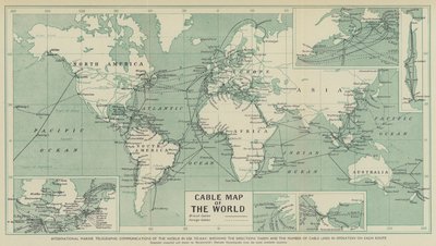Internationale maritieme telegrafische communicatie van de wereld in gebruik vandaag, met de richtingen en het aantal kabelverbindingen in elke route door English School