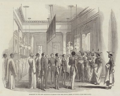 Ontmoeting van de nieuwe gouverneur van Ceylon met de inheemse hoofden, in Kandy door English School