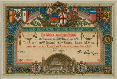Uitnodiging voor Internationaal Gemeentelijk Vermaak in de Guildhall, Londen, op 29 juli 1875 door English School