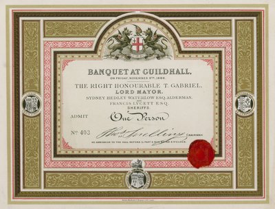 Uitnodiging voor een banket in de Guildhall, Londen, op 9 november 1866 door English School