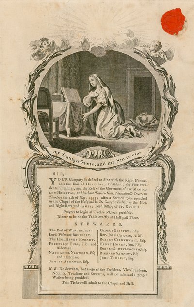 Uitnodiging om te dineren met de Eerwaarde Graaf van Hertford op 4 mei 1775 door English School