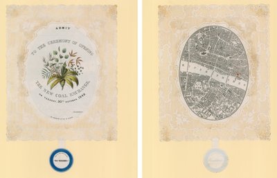 Uitnodiging voor de openingsceremonie van de Nieuwe Kolenbeurs, 30 oktober 1849, voor- en achterkant door English School