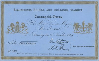 Uitnodiging voor de opening van Blackfriars Bridge en Holborn Viaduct door English School