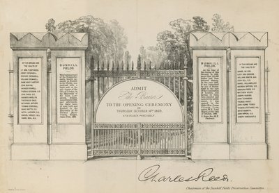 Uitnodiging voor de opening van Bunhill Fields Cemetery door English School