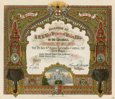 Uitnodiging voor de ontvangst van ZKH de Prins van Wales in de Guildhall, Londen, op 19 mei 1876 door English School