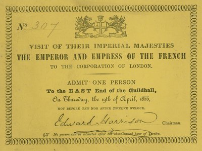 Uitnodiging voor het bezoek van hun Keizerlijke Majesteiten, de Keizer en Keizerin van Frankrijk, in de Guildhall, Londen, op 19 april 1855 door English School