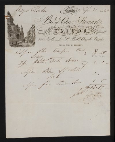 Factuur van Charles Stewart, kleermaker, St Paul