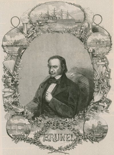 Isambard Kingdom Brunel omringd door enkele van zijn prestaties door English School