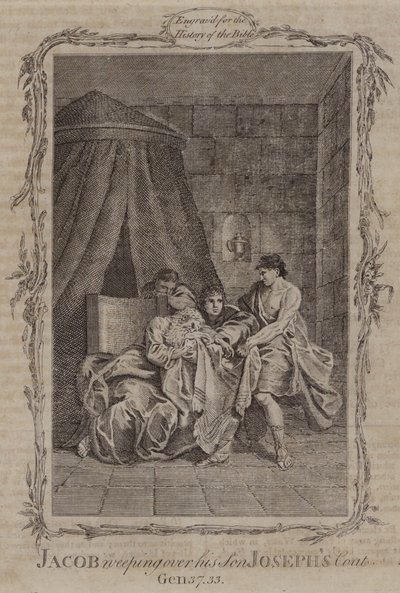 Jakob huilt over de jas van zijn zoon Jozef (gravure) door English School