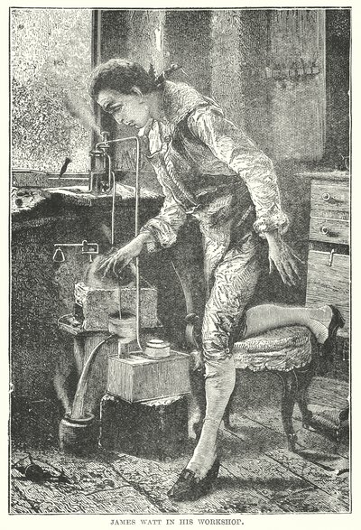 James Watt in zijn werkplaats (gravure) door English School