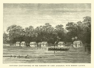 Jangadas (vlot-huizen) van de Pamarys op het Ajarahanmeer, met missieboot door English School