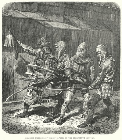 Japanse krijgers van de burgeroorlogen in de dertiende eeuw (gravure) door English School