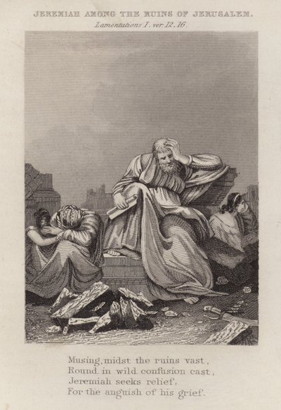 Jeremia tussen de ruïnes van Jeruzalem, Klaagliederen I, vers 12 door English School