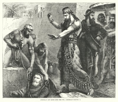 Jeremia neergelaten in de put, Jeremia XXXVIII, 6 (gravure) door English School