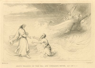 Jezus loopt op het water en ondersteunt Petrus, Matteüs XIV, 24-33 (gravure) door English School