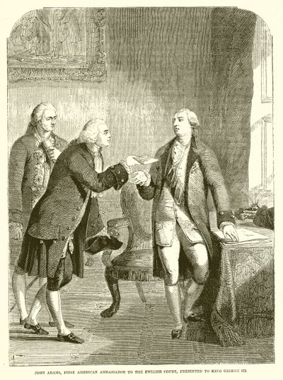 John Adams, eerste Amerikaanse ambassadeur aan het Engelse hof, gepresenteerd aan koning George III door English School