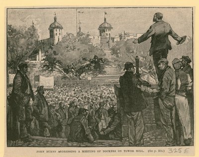 John Burns spreekt een bijeenkomst van dokwerkers toe op Tower Hill door English School