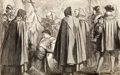 John Frith op het punt verbrand te worden voor ketterij in 1533, ca. 1865 door English School