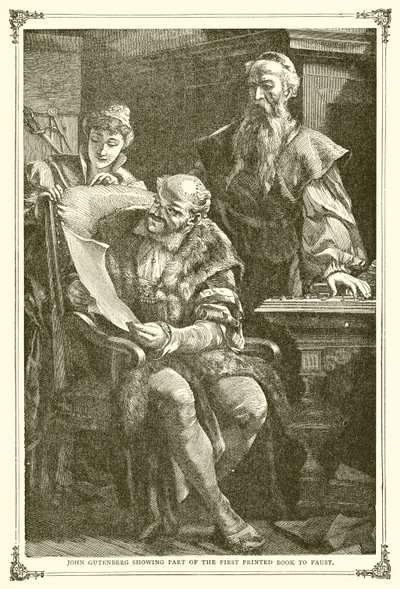 Johannes Gutenberg toont een deel van het eerste gedrukte boek aan Faust door English School