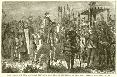 Zoon van John Hunyadi, Matthias Corvinus, en George Podiebrad in het kamp voor Spielberg in 1468 door English School