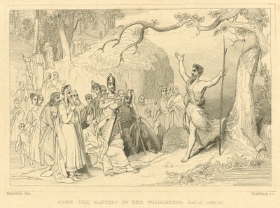 Johannes de Doper in de wildernis, Matteüs III, Lucas III (gravure) door English School