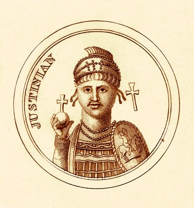 Justinianus, illustratie uit Het Universele Historische Woordenboek door George Crabb, gepubliceerd 1825 door English School