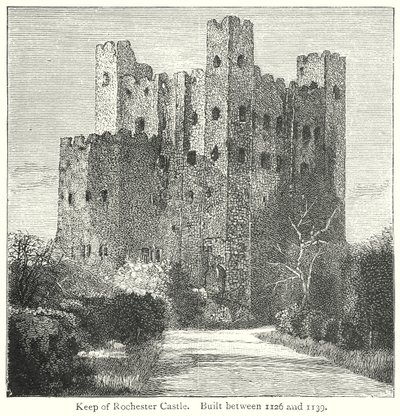 Keep van het kasteel van Rochester. Gebouwd tussen 1126 en 1139 (gravure) door English School