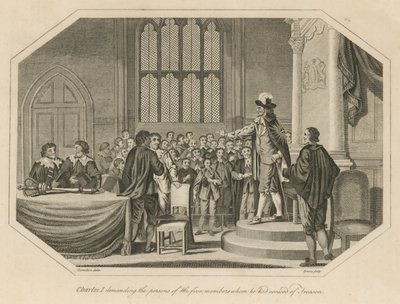 Koning Karel I eist de personen van de vijf leden die hij van verraad beschuldigde door English School
