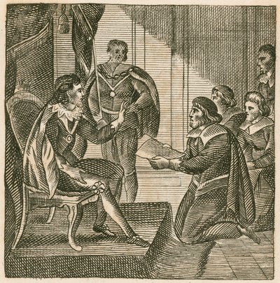 Koning Charles I ontvangt een petitie van de Commons om hen de macht te geven legers te heffen door English School