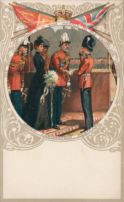 Koning Edward VII reikt Zuid-Afrikaanse oorlog medailles uit aan de Grenadier Guards door English School