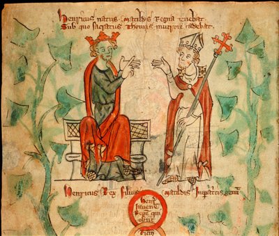 Koning Hendrik II zittend op de troon, ruziënd met Thomas Becket, illustratie uit de 