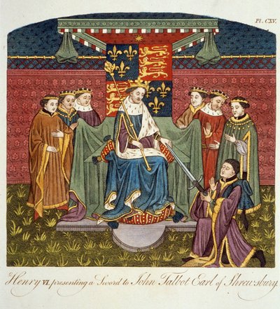 Koning Hendrik VI (1421-71) die een zwaard overhandigt aan John Talbot (ca. 1388-1453) Graaf van Shrewsbury, illustratie uit The Complete View of the Dress and Habits of the People of England Volume II, gepubliceerd 1799 door English School