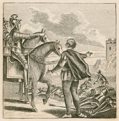 Koning Henry V bekijkt het slagveld na de nederlaag van de Fransen bij Agincourt door English School