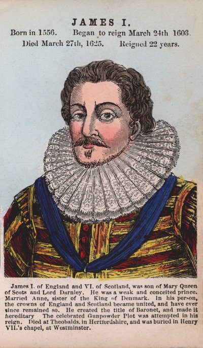 Koning Jacobus I (gekleurde gravure) door English School