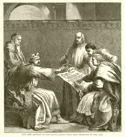Koning Jan weigert de Magna Charta te ondertekenen toen deze hem voor het eerst werd gepresenteerd, 1215 door English School