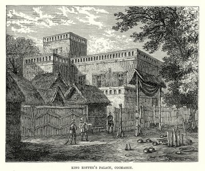 Het paleis van koning Koffee, Coomassie (gravure) door English School