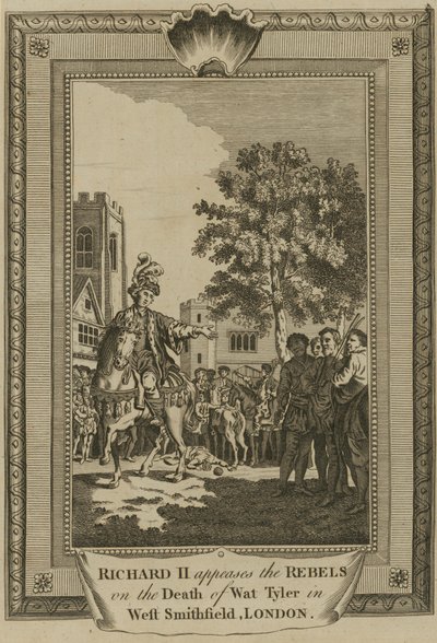 Koning Richard II sust de rebellen na de dood van Wat Tyler in West Smithfield, Londen door English School