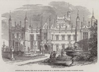 Knebworth, Herts, de zetel van Sir Edward E L Bulwer Lytton, baronet, tuinzijde door English School