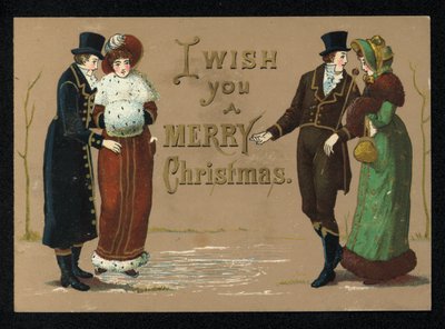 Dames en heren in hun winterkleding, kerstwenskaart door English School