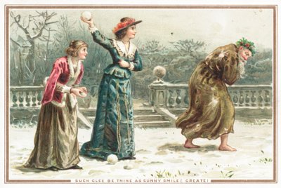 Dames gooien sneeuwballen naar oude man, kerstkaart door English School
