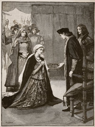 Lady Catherine Gordon voor Hendrik VII, illustratie uit Cassells Geïllustreerde Geschiedenis van Engeland door English School