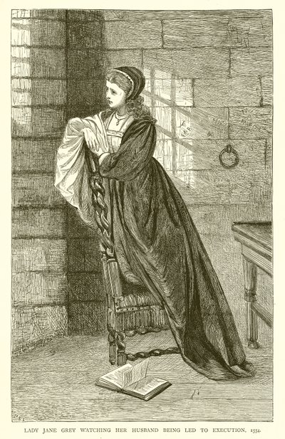 Lady Jane Grey kijkt toe hoe haar man naar de executie wordt geleid, 1554 door English School