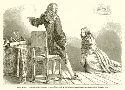 Lady Mary, gravin van Caithness, pleit bij Middleton om toestemming om het hoofd van haar vader te verwijderen door English School