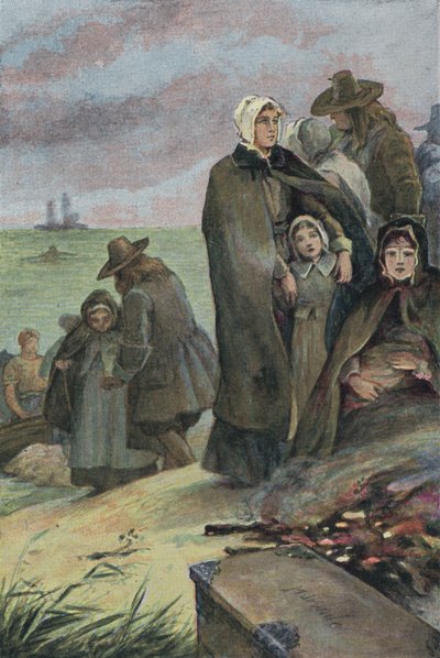 Aankomst van de Pilgrim Fathers in Amerika na hun reis aan boord van de Mayflower, 1620 door English School