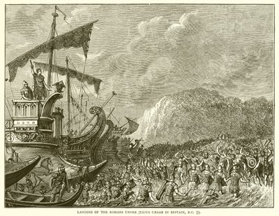 Landing van de Romeinen onder Julius Caesar in Groot-Brittannië, 55 v.Chr. door English School