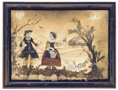 Landschap met figuren en schapen door English School